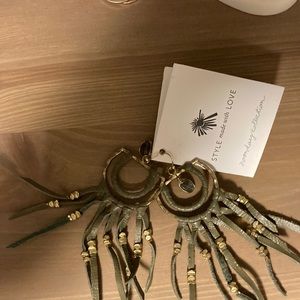 Noonday Collection pierced earrings w/leather fringe, beading, & small stone.